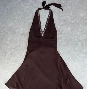 2000s Vintage Robbie Bee Brown Embellished Silk Halter Dress -12